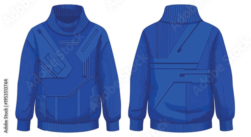Futuristic blue turtleneck sweater design featuring intricate geometric patterns on front and back for modern apparel and creative style.