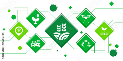 Collection of smart agriculture technology icons showing precision farming, connected systems, drones, tractors, irrigation, and crop management for modern digital agritech solutions.