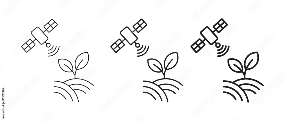 Fototapeta premium Line icon set depicting a satellite transmitting data to a growing plant in cultivated soil, representing precision agriculture, smart farming, and remote sensing technology.