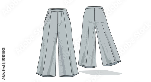 Fashion flat sketch of pleated wide-leg trousers, front and back views.