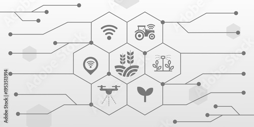 The image shows a grey network grid with hexagonal icons representing smart farming technologies WiFi, tractor, GPS, crops, irrigation, drone, and a plant sprout.
