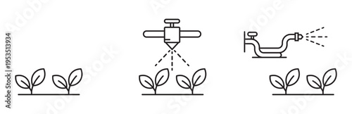 Minimalist line art icons depicting various agricultural processes including manual watering, automated spraying, and advanced irrigation systems for plant growth.