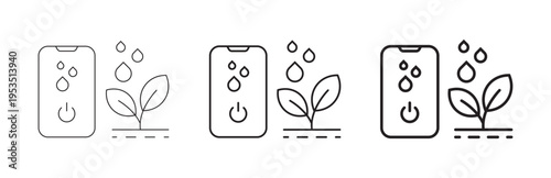 Smart farming concept with mobile phone controlling plant watering for sustainable agricultural growth. Digital ecofriendly technology automation line art icons.