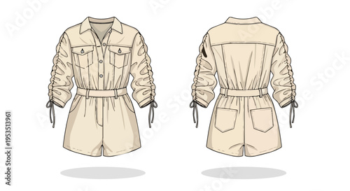 Modern women's utility romper flat sketch showing front and back views with belted waist and ruched sleeves