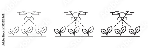 Three distinct line art illustrations depict an agricultural drone actively spraying young plants, symbolizing smart farming and modern precision agriculture technology.