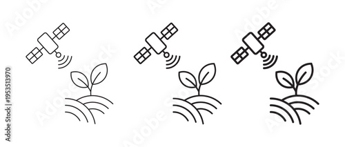 Line icon set depicting a satellite transmitting data to a growing plant in cultivated soil, representing precision agriculture, smart farming, and remote sensing technology.