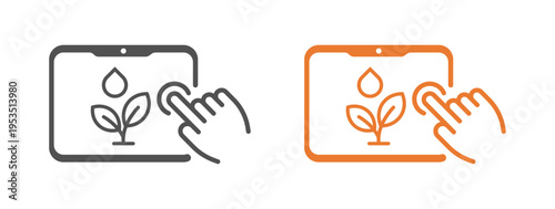 Two line art icons featuring a finger interacting with tablets displaying a plant and water drop, symbolizing smart agriculture and digital farm management solutions.