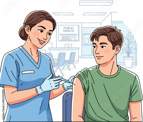 Nurse administering vaccine to young man in clinic.