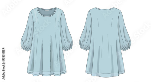 Light blue dress technical fashion flat sketch featuring front and back views displaying a stylish round neckline and elegant gathered puff sleeves