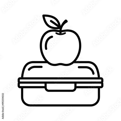 Simple line art icon of an apple on a lunchbox, representing healthy school meals or packed lunches.