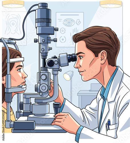 Optometrist examining patients eye with slit lamp.