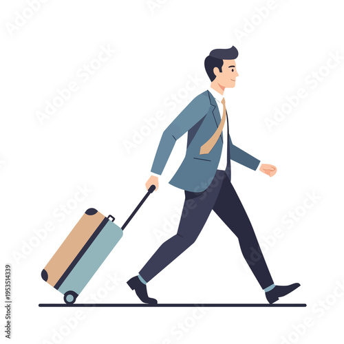 Businessman walking with luggage, business travel, isolated on white background