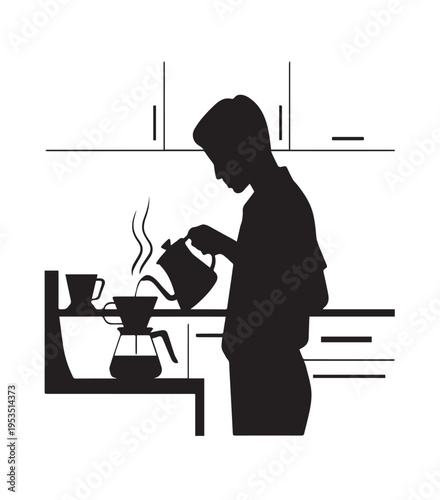 Silhouette of person pouring water from kettle into coffee dripper vector illustration