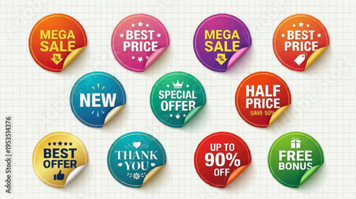 Collection of colorful discount sale stickers.