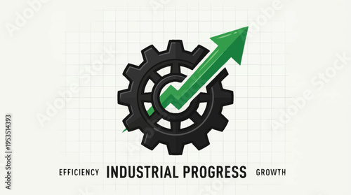 Industrial progress and growth concept with gear and green arrow.