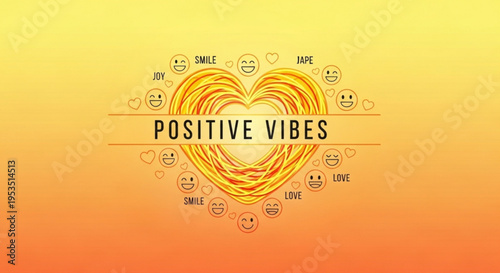 Positive vibes heart with smiley faces and love words on yellow orange gradient background