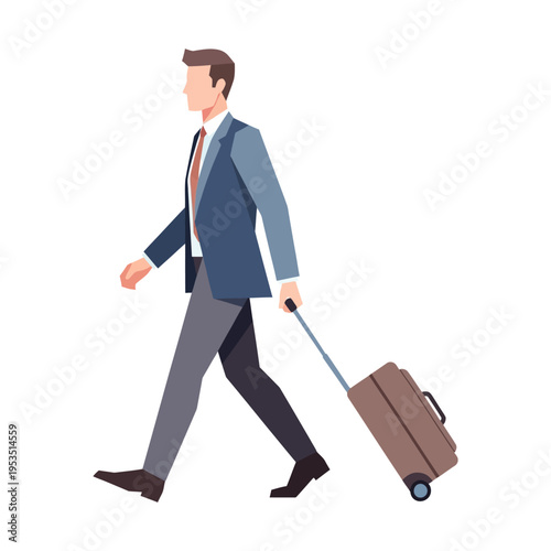 Businessman walking with rolling suitcase, travel and business trip concept, isolated on white background