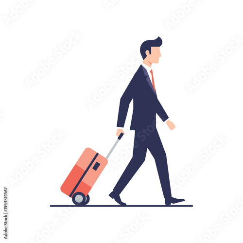 Businessman walking with rolling suitcase, travel concept, flat design
