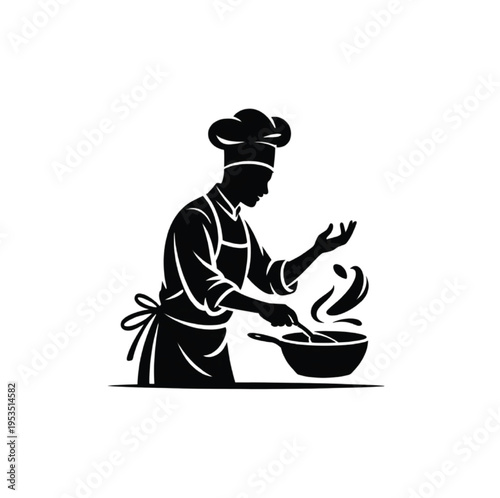 Black and white silhouette of chef cooking with pot  vector illustration