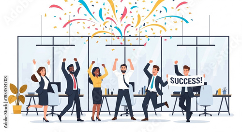 Business team celebrating success in modern office with fireworks and confetti feeling happy and excited