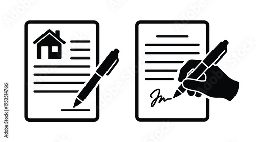 Documents and a pen with a signing hand black silhouette