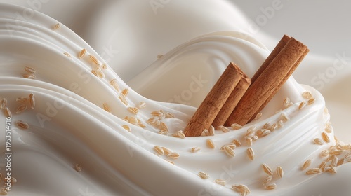 clean wavy white splash resembling creamy rice pudding. smooth flowing folds and elegant curves. a few rice grains subtly flying around. two cinnamon sticks