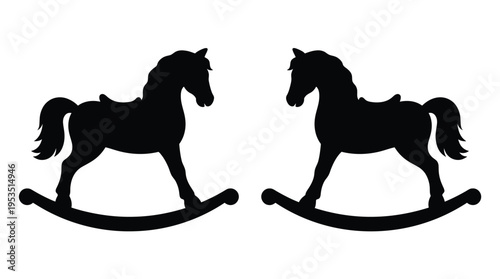 Two black rocking horses depicted in a striking silhouette