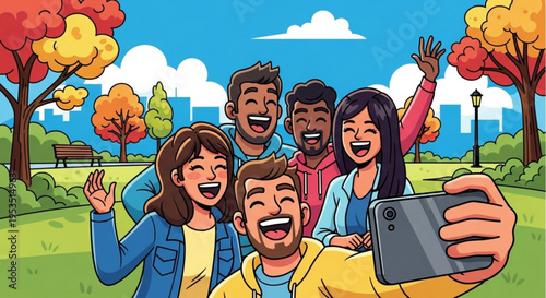 Diverse group of friends taking selfie in autumn park with city skyline background smiling and waving