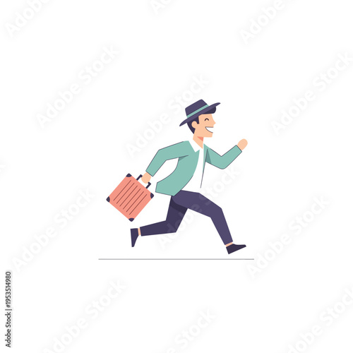 Happy Man in Hat Running with Suitcase, Travel Concept, Business Trip, Cartoon Style
