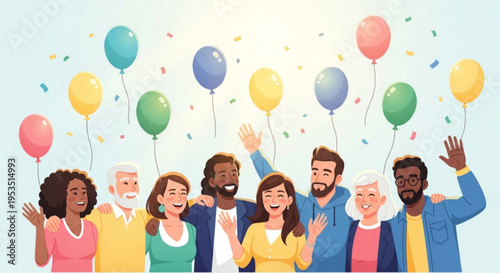 Diverse group of people celebrating with colorful balloons and confetti in the air expressing joy and happiness together