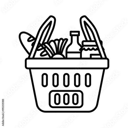 Shopping basket icon with food items: bread, vegetables, bottle, jar, simple line art
