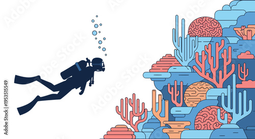 Silhouette of a scuba diver exploring the underwater world with air bubbles.