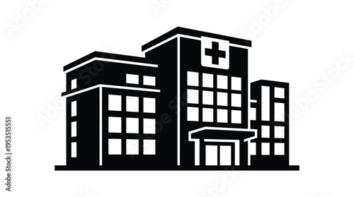 Black silhouette of a hospital building with a cross on the roof