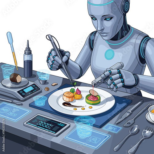 Robot chef meticulously preparing gourmet food with precision tools.
