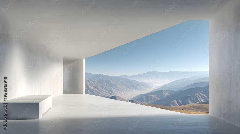 Fototapeta premium Modern Minimalist Interior with Panoramic Mountain View.