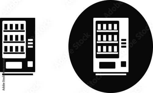 Vending machine icon in solid and circular badge style, automated snack dispenser vector illustration isolated for retail kiosk interface and modern self service concept