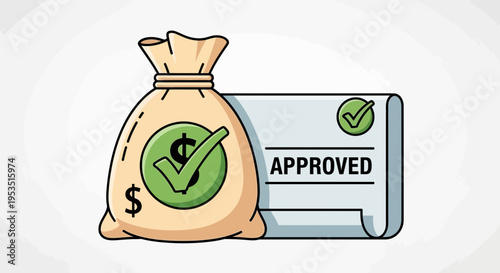 Money Bag Approved Stamp and Checkmark Icon - Business Finance Success