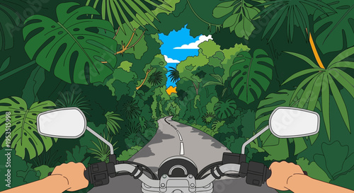 Motorcycle adventure through lush green jungle, road trip to paradise