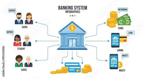 Online Banking System Infographic: Deposit, Withdraw, Loan, Invest