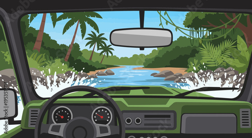 Off-road adventure through jungle river, view from car interior