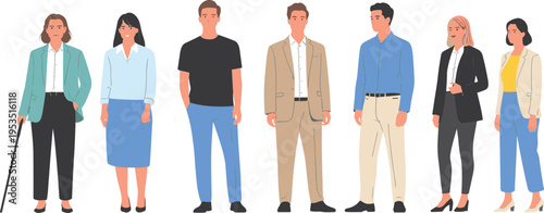 Diverse business people standing vector illustration, inclusive professional men and women including senior with cane, corporate team characters, modern flat design for workplace diversity concept