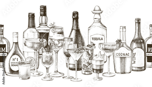 Alcohol drinks and cocktails seamless border