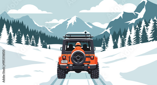 Orange SUV driving on snowy mountain road, winter adventure and travel concept