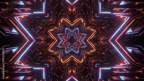 Abstract symmetrical glowing fractal pattern with neon lights in a dark background