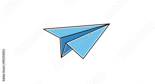 Origami paper airplane flying, simple blue design, isolated on white background.