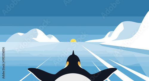 Penguin sliding on ice towards sun in arctic landscape, flat design