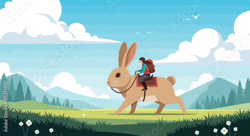 Person riding a giant rabbit through a surreal landscape with mountains and clouds