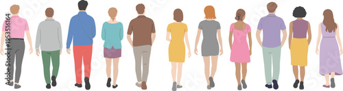 Crowd of people walking rear view vector illustration, diverse men and women from back, urban lifestyle characters collection, modern flat design for city, social, and advertising
