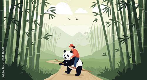 Person riding giant panda through lush bamboo forest, mountains background