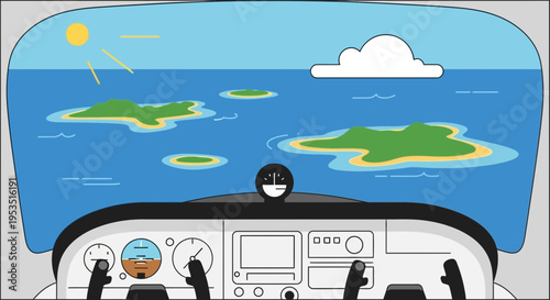 Pilot View of Tropical Islands from Airplane Cockpit